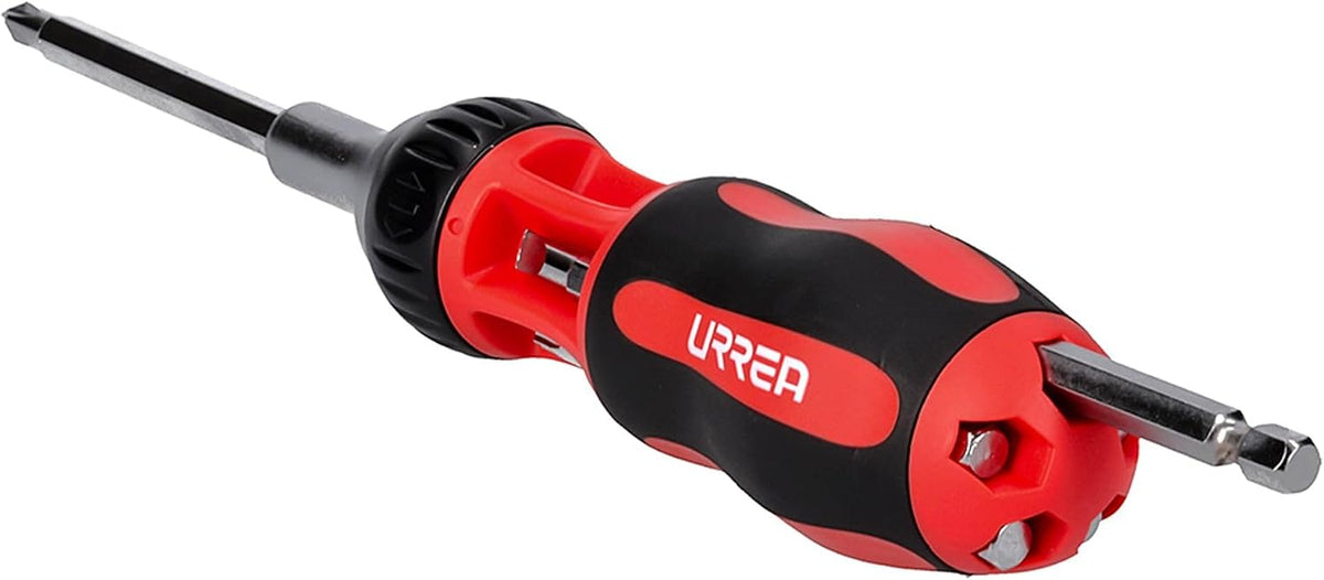 Urrea 9308L Destornillador con mango bimaterial de matraca con puntas largas intercambiables 7 en 1