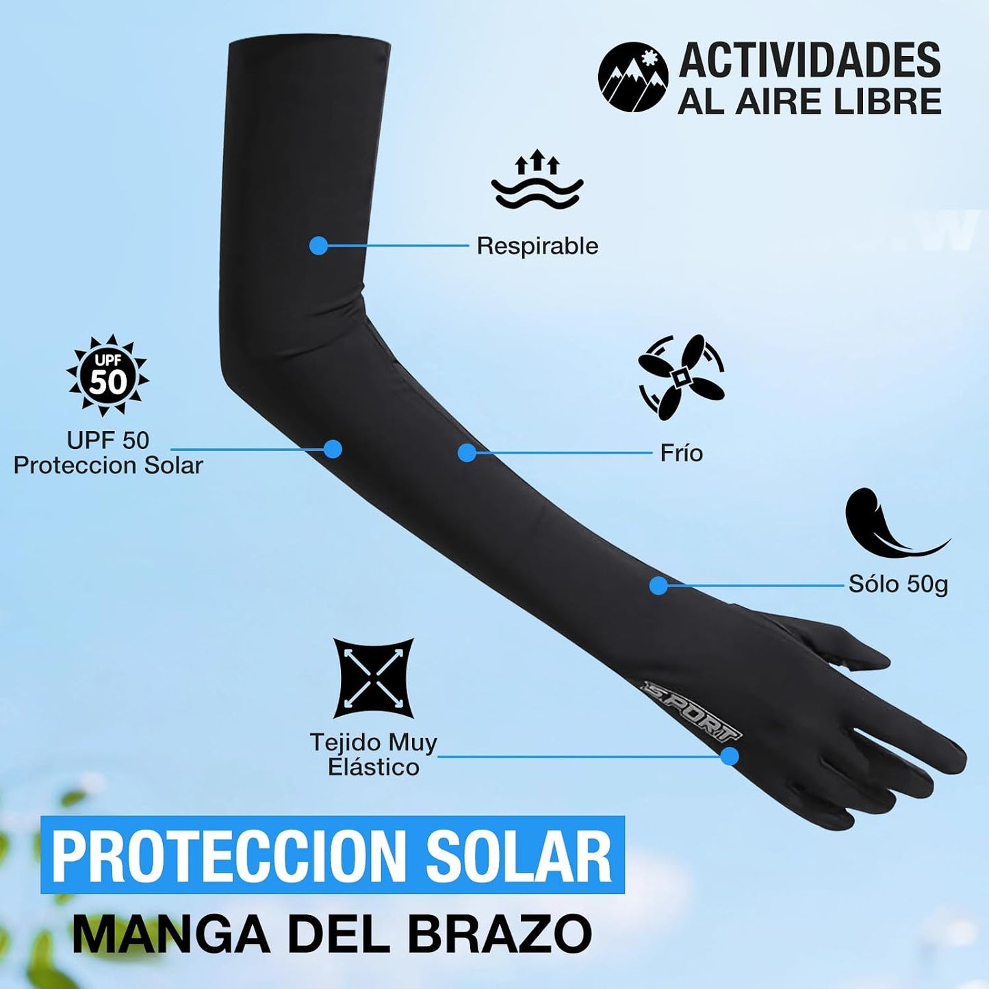 Mangas para Brazos UV, 1 Par Mangas de Protección UV, UPF50+ Protección Larga Brazo para Mujer y Hombres, Guantes Fresco