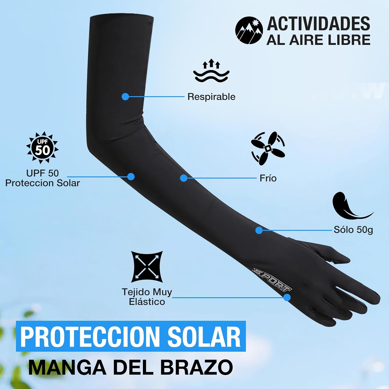 Mangas para Brazos UV, 1 Par Mangas de Protección UV, UPF50+ Protección Larga Brazo para Mujer y Hombres, Guantes Fresco