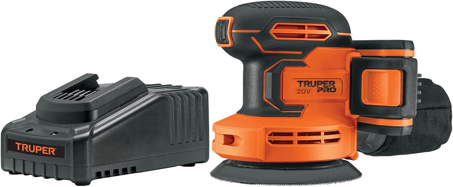 Truper PRO LIRI-20A, Lijadora roto-orbital 5" inalámbrica 20 V con 1 batería de 2 Ah y 1 cargador