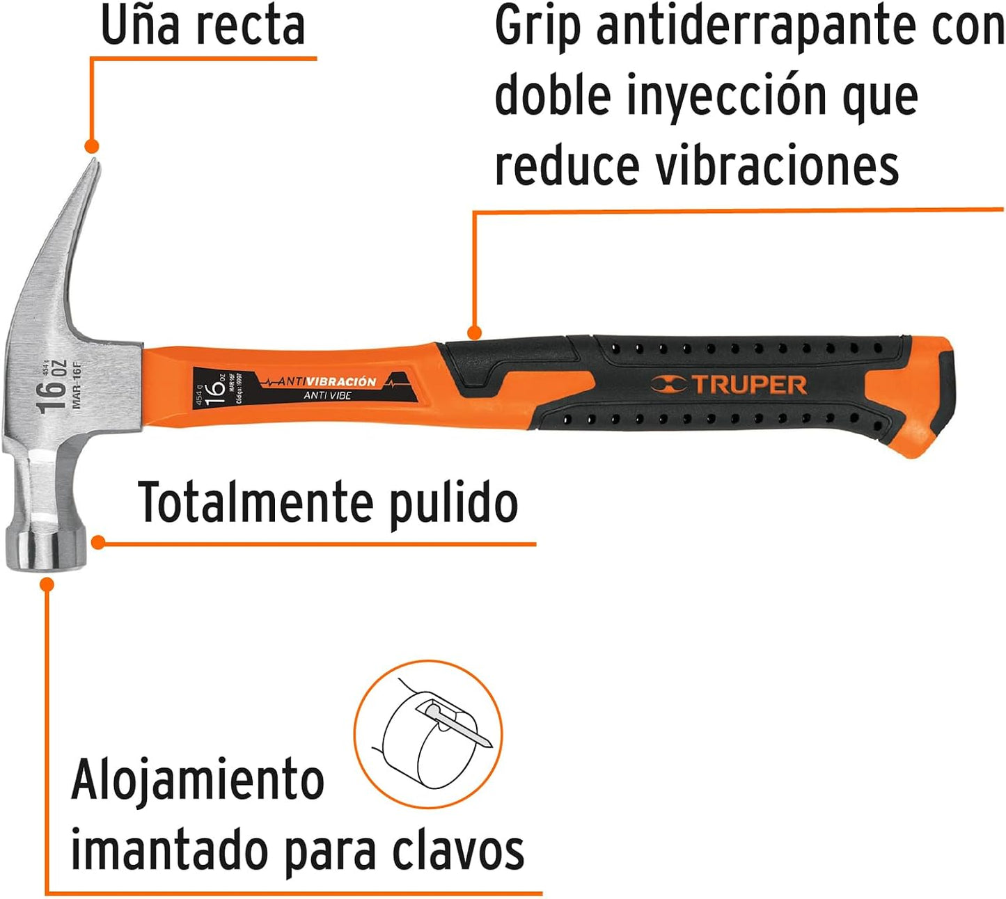 Truper MAR-16F, Martillo de uña recta, 16 oz, mango fibra de vidrio
