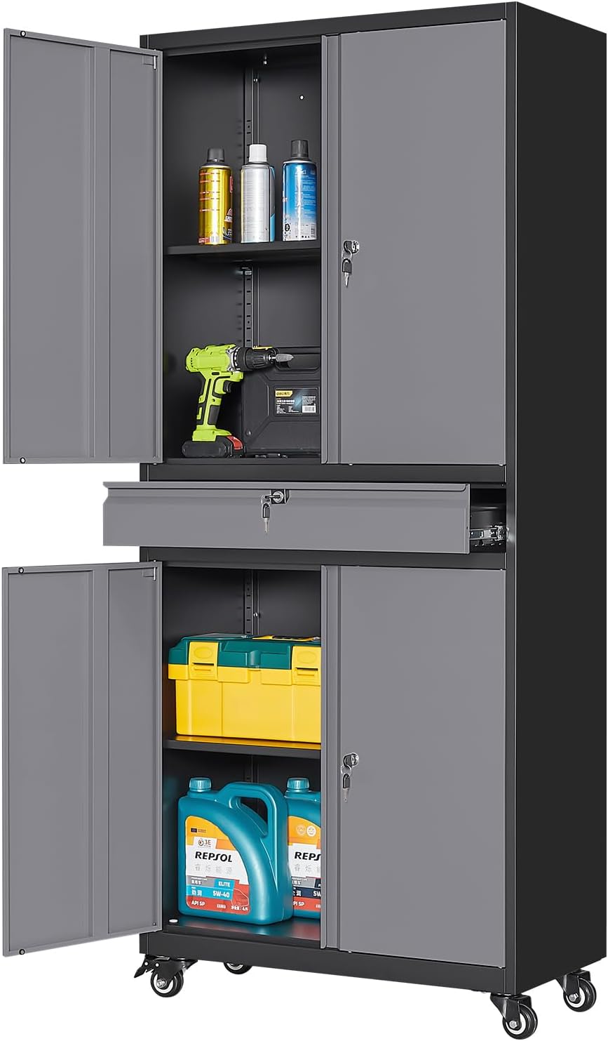 Yizosh - Gabinete metálico de almacenamiento, con puertas, con cerradura y repisas ajustables, para herramientas, con 4 