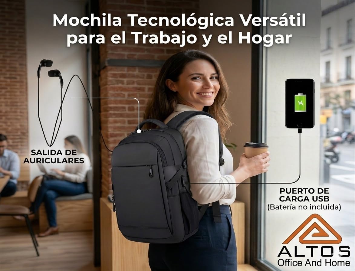 ALTOS OFFICE AND HOME Mochila para laptop, viajes de negocios y estudios, Puerto USB, Laptop hasta 15,6", negra, antirro