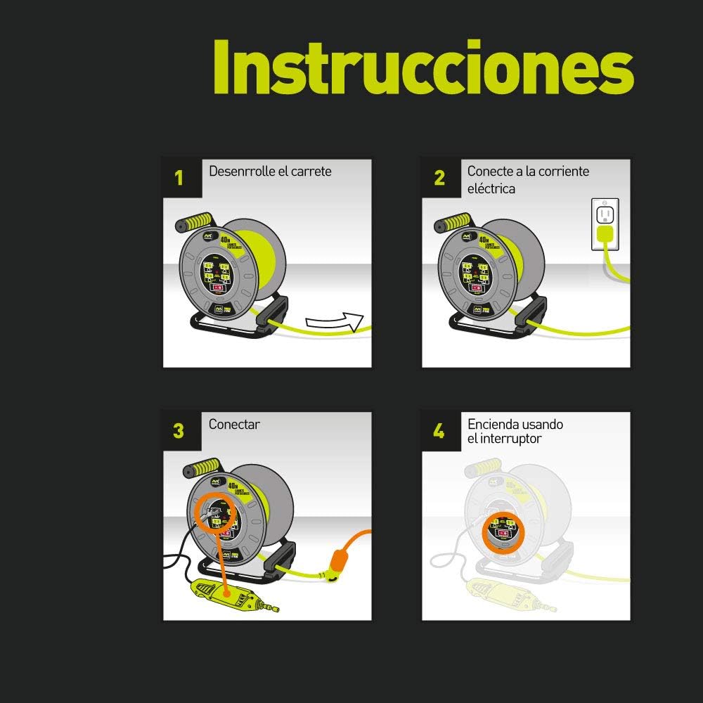 Extensión Eléctrica de 40 Mts Tipo Carrete para Uso Rudo, Calibre 14 AWG, con 4 Multicontactos y Switch + Indicador LED