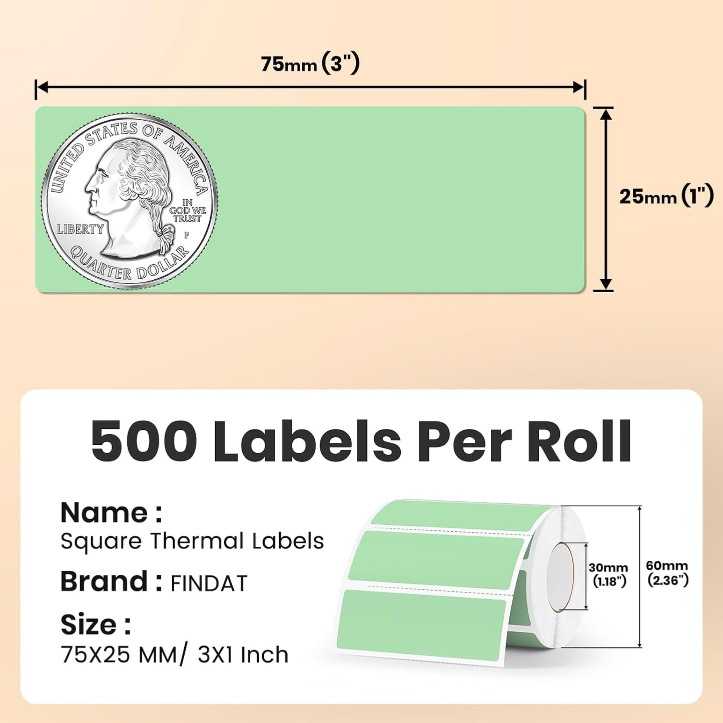 Etiquetas térmicas verdes, 76 × 25 mm, rectangulares, autoadhesivas, 500 unidades | Para oficina, bricolaje, diseño, cód