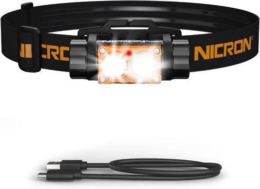 NICRON Linterna Led Recargable por USB para Emergencias Ligera E Impermeable 7 Modos Cinta Ajustable para La Cabeza Adec