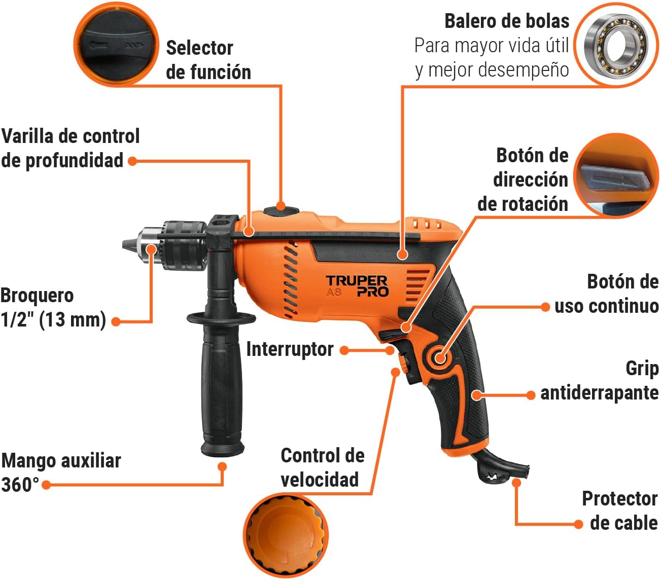 TRUPER ROTO-1/2A8, Rotomartillo/destornillador 1/2", 750W