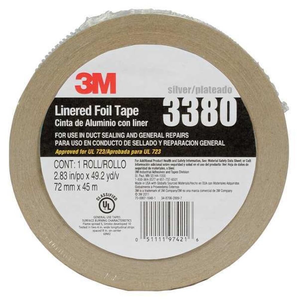 3M Linered Aluminum Foil Tape 3380 Silver (Multiple Sizes), 72 mm x 45 m