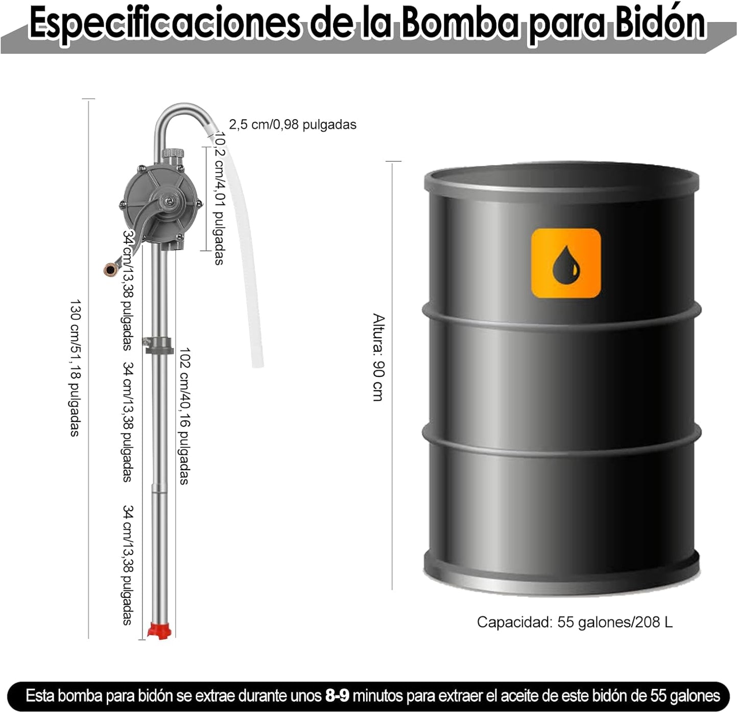 Bomba de Tambor para Bidón de 15 a 55 Galones, Manual de Aceite de 7 GPM