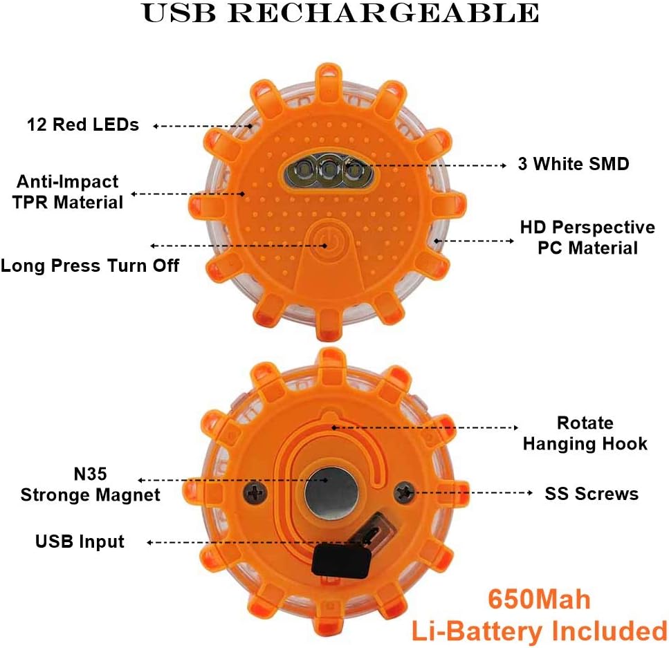 Ecoangel Bengalas LED Recargables por USB para Carretera, Luces de Emergencia - Baliza de Seguridad Vehicular de Adverte