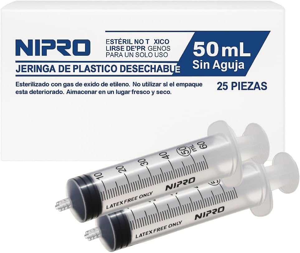 Jeringas Desechables NIPRO de Plástico 50 mL sin Aguja Luer Lock, Grado Médico, Esterilizadas Caja con 25 Piezas