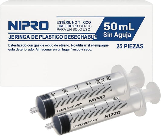 Jeringas Desechables NIPRO de Plástico 50 mL sin Aguja Luer Lock, Grado Médico, Esterilizadas Caja con 25 Piezas