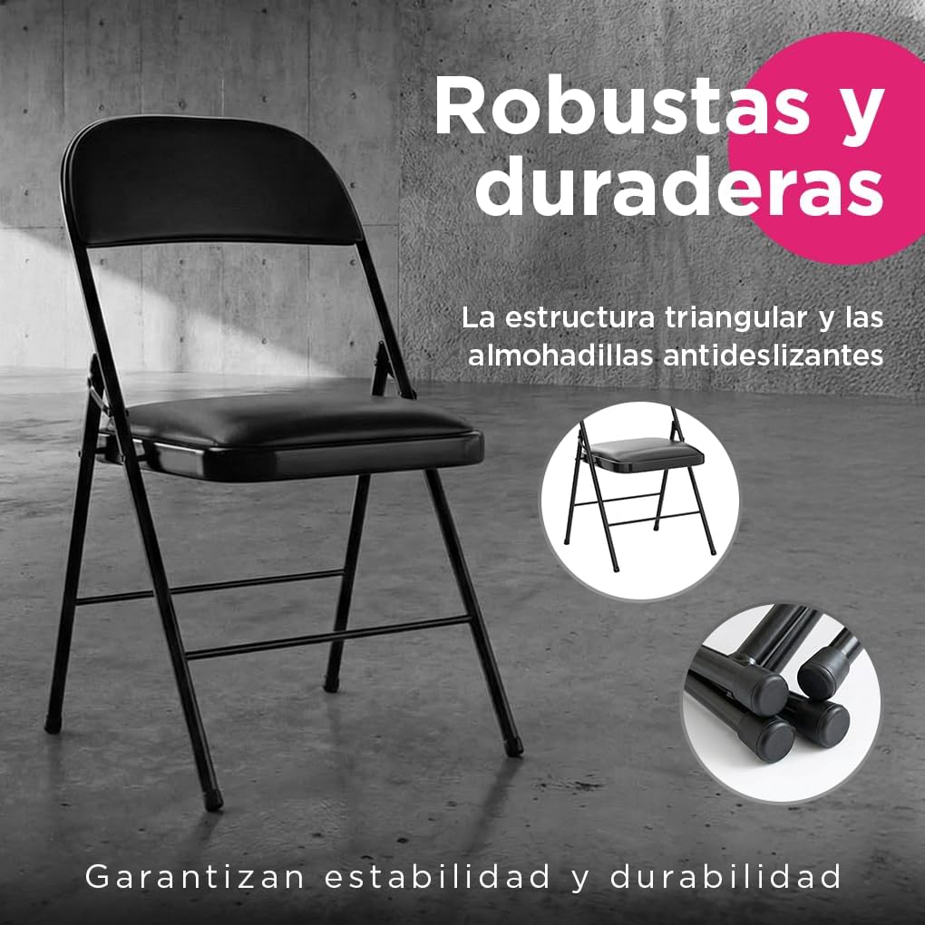 VANLIG | Set 4 Sillas Plegables Acolchadas Negras | Asiento Cómodo con Respaldo | Estructura Metálica Resistente | Cuero