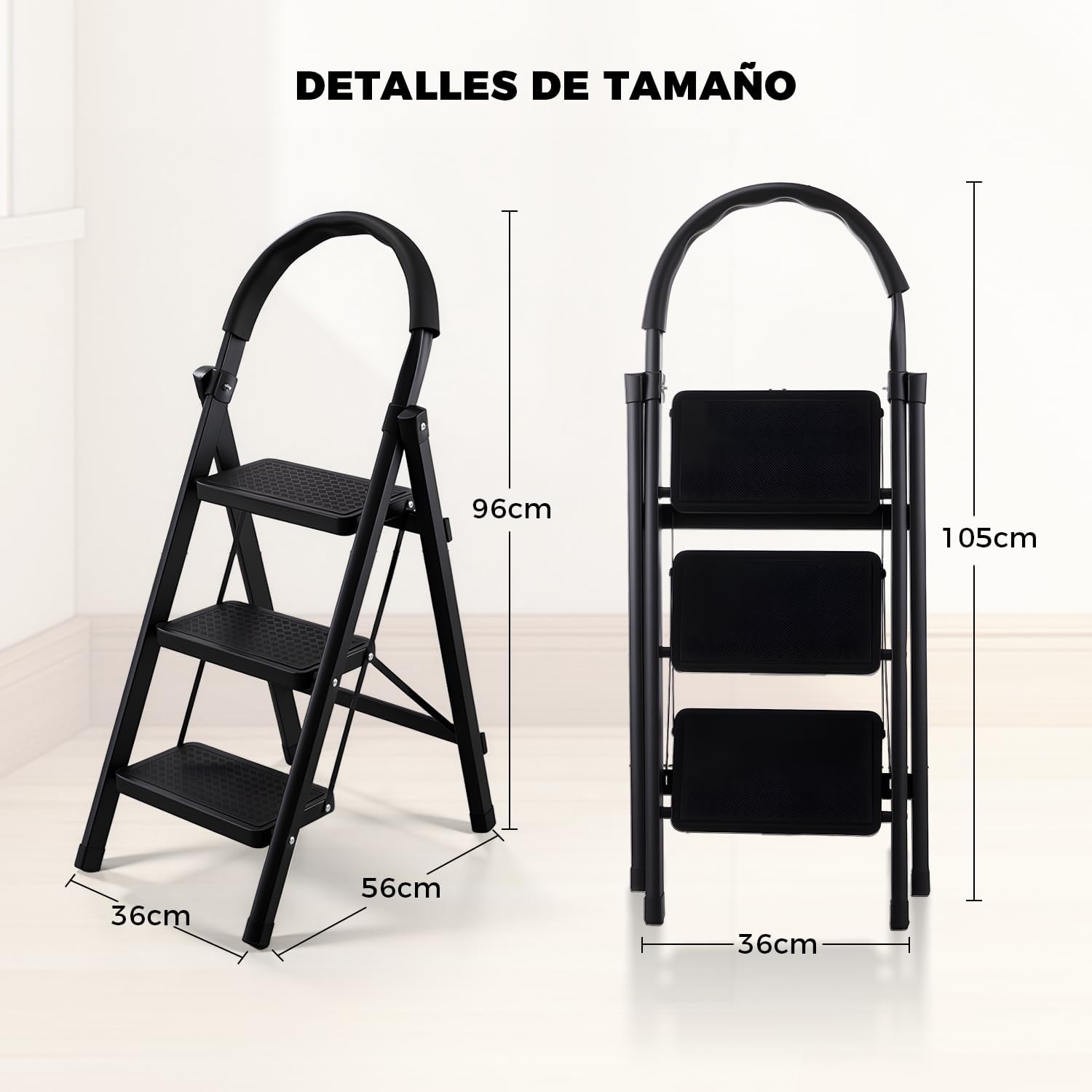 Escalera de Tijera, Escalera Plegable para Casa, 3 Peldaños de 30cm de Ancho, Con Pasamanos Antideslizantes, Diseño de C