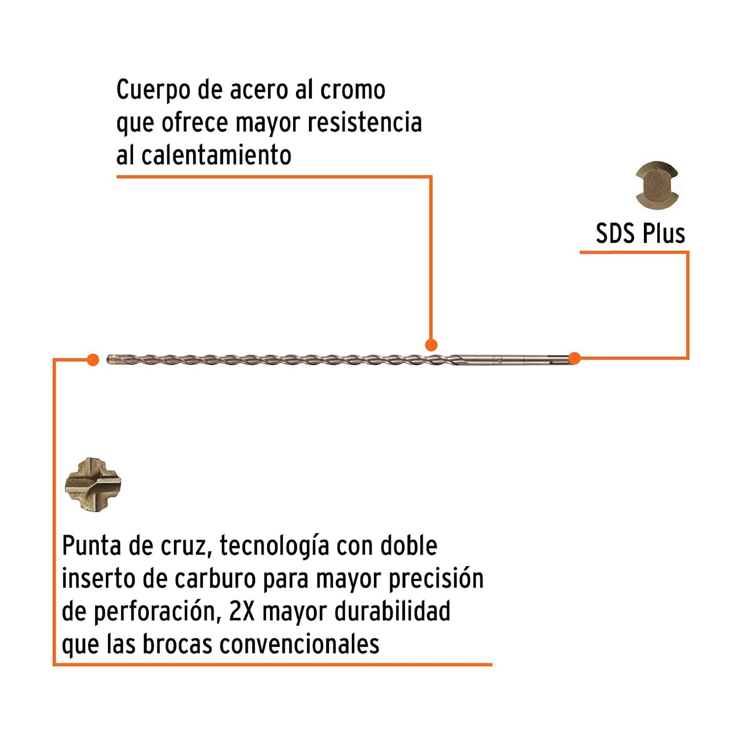 Truper BS-1/2X18, Broca para concreto con sistema directo de inserción (SDS Plus) 1/2" x 18"