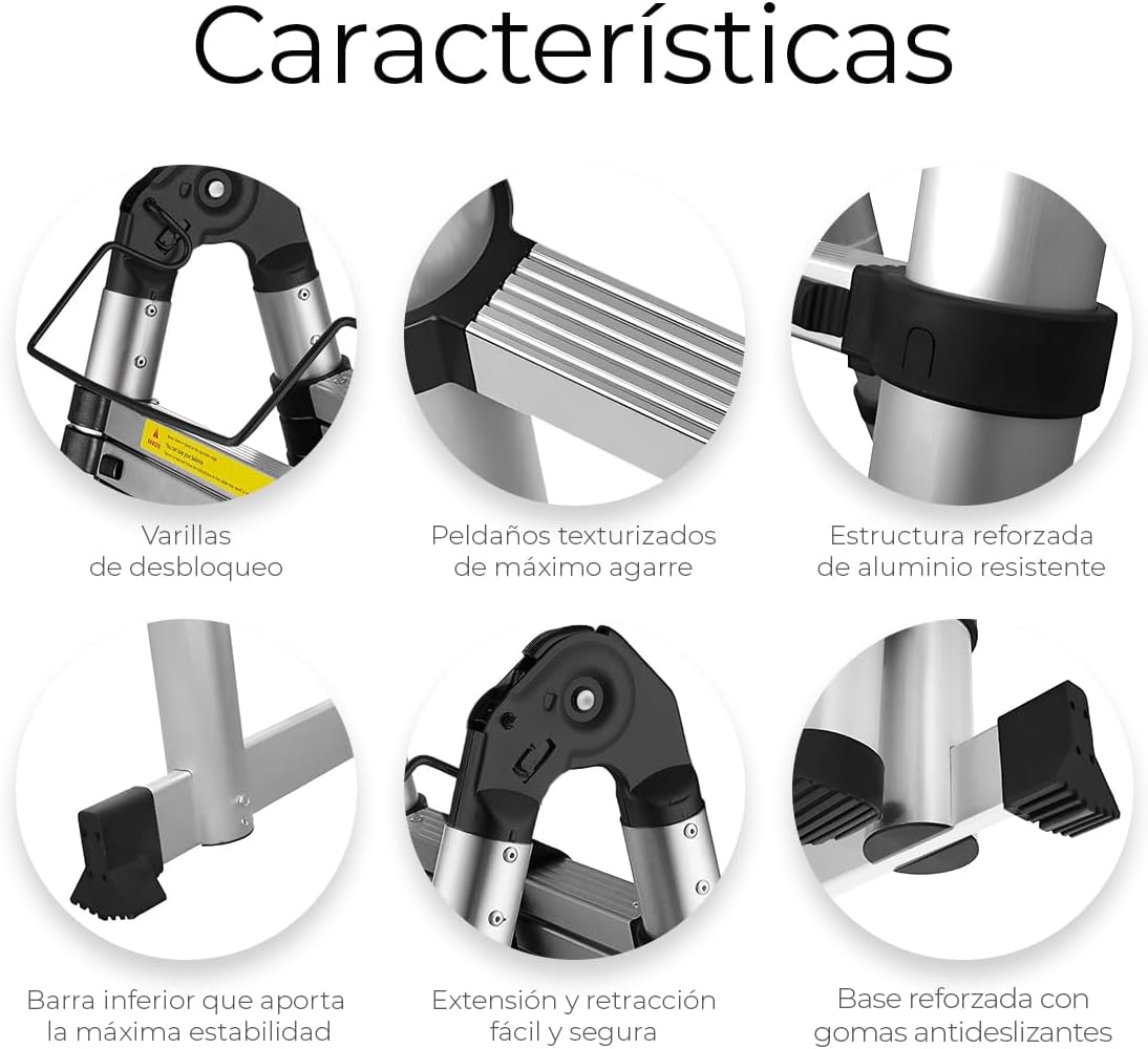 Raganet, Escalera Telescópica Plegable, Escalera de Tijera Altura Ajustable con Escalones, Aluminio Reforzado y Duradero
