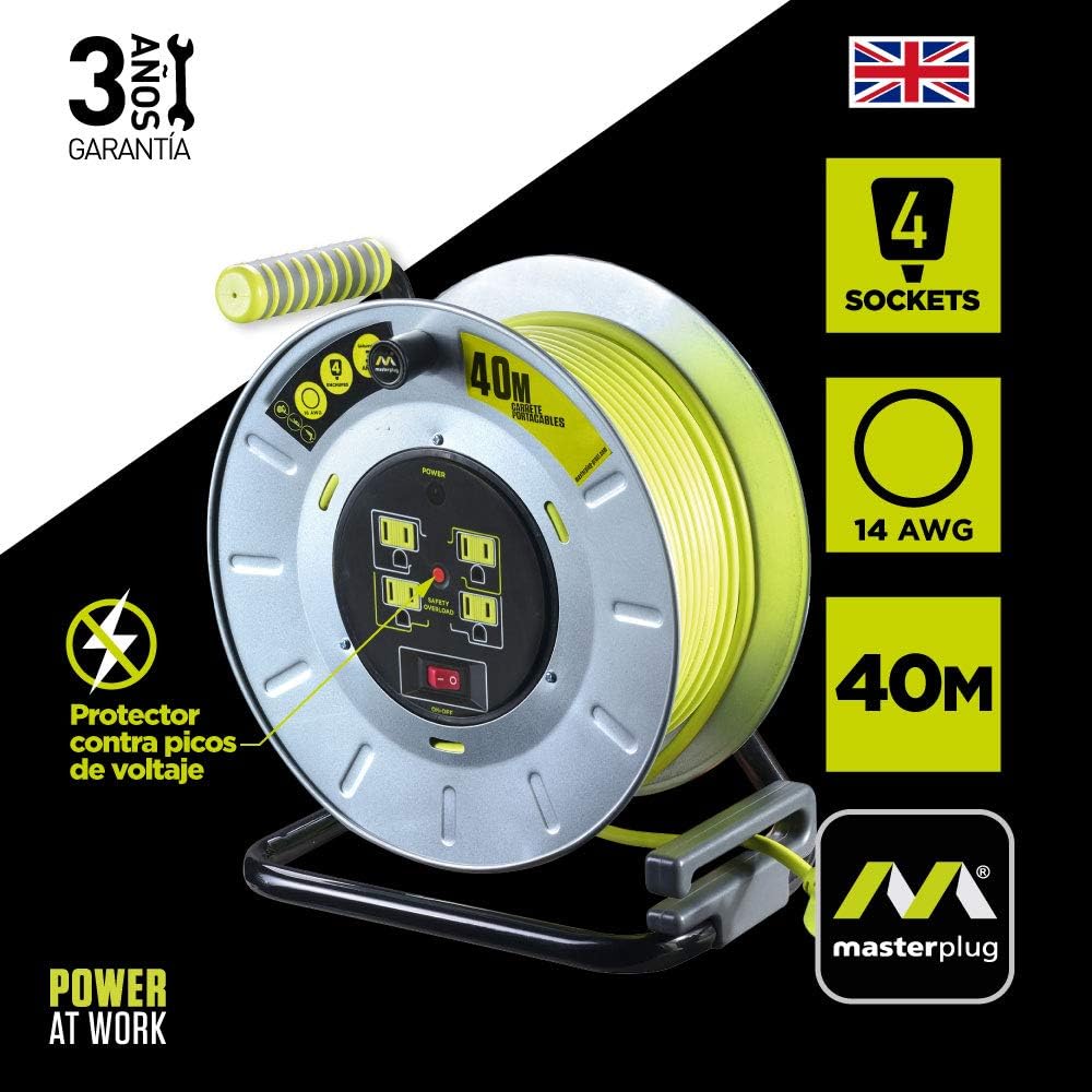 Extensión Eléctrica de 40 Mts Tipo Carrete para Uso Rudo, Calibre 14 AWG, con 4 Multicontactos y Switch + Indicador LED