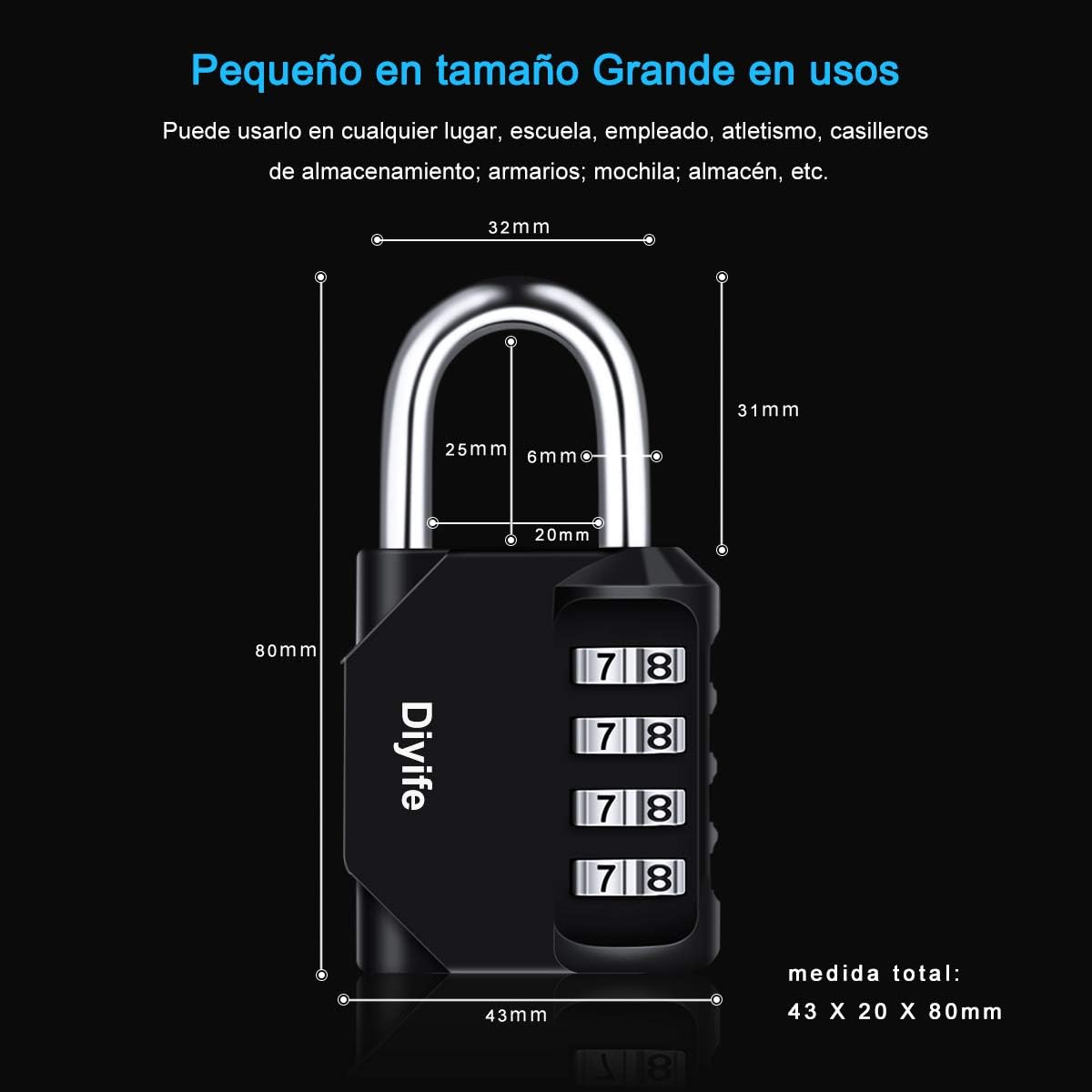Diyife Candado Locker, Candado Combinaci?n de 4 D?gitos, Negro,1 Pack | Candado por Contraseña Resistentes la Intemperie