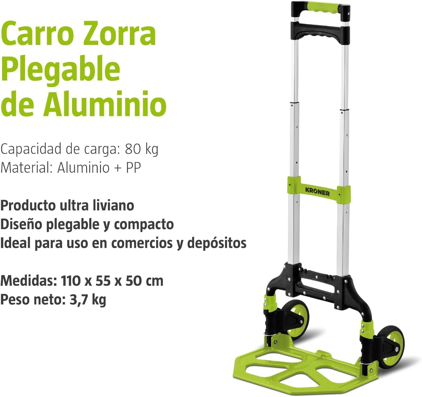 Kroner Carrito Plegable con Ruedas 80 kg – Diablo de Carga de Aluminio Ligero, Compacto y Portátil para Hogar, Oficina y