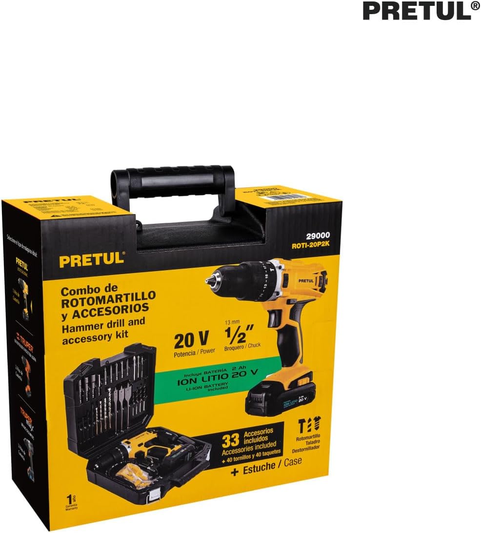 PRETUL ROTI-20P2K, Kit rotomartillo/destornillador 1/2", 20V con 32 accesorios