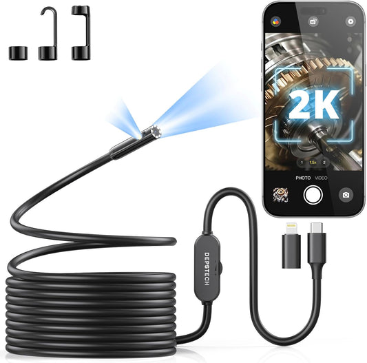 DEPSTECH - Cámara Endoscopio de Inspección con Luz: 2560P 2K Doble Lente Boroscopio para iPhone y Android con Cable de S
