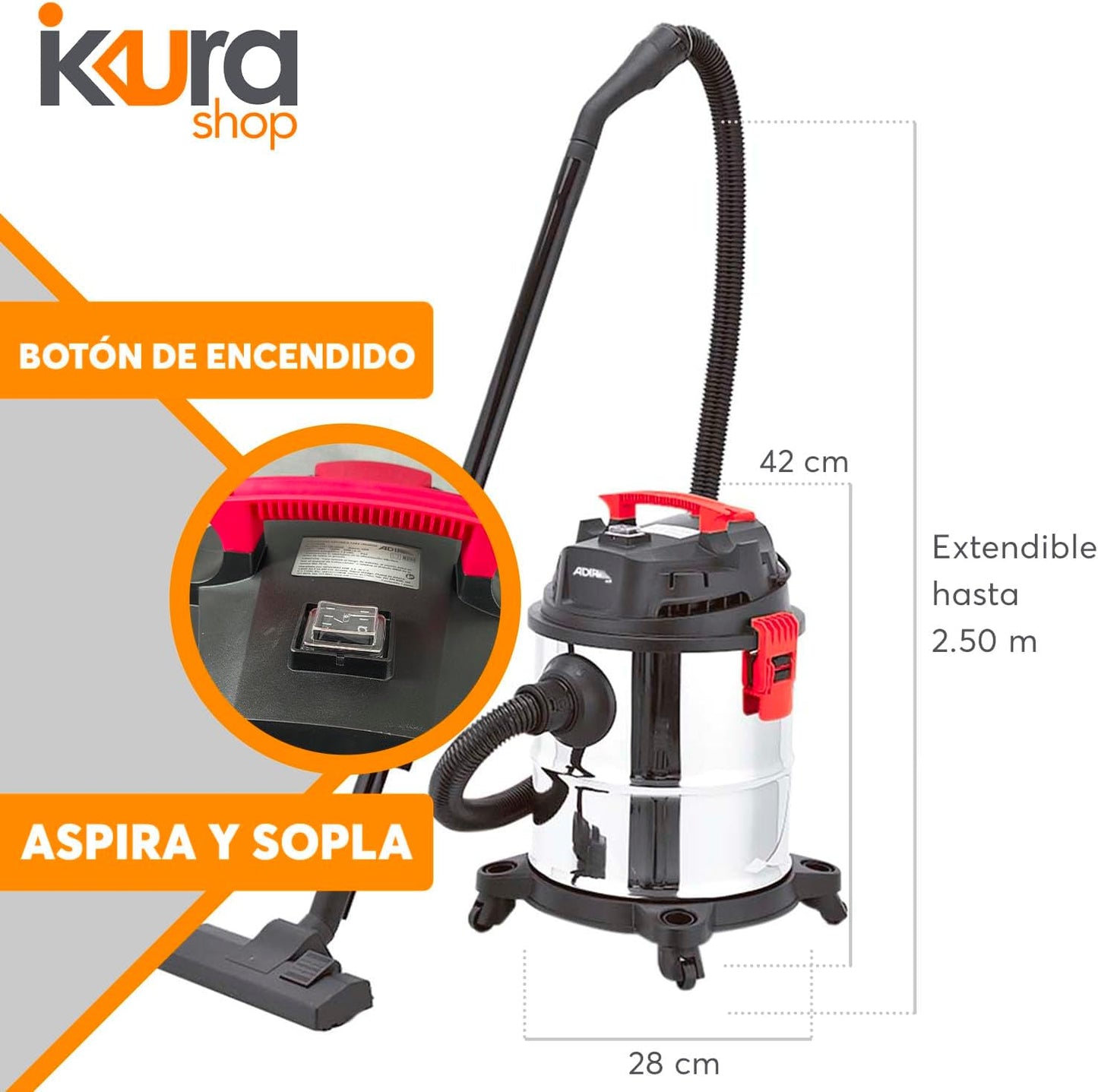 Adir Aspiradora de Sólidos y Líquidos 20 litros Modelo 1951 | Tanque de Acero Inoxidable | Aspiradora Multiusos para Hog