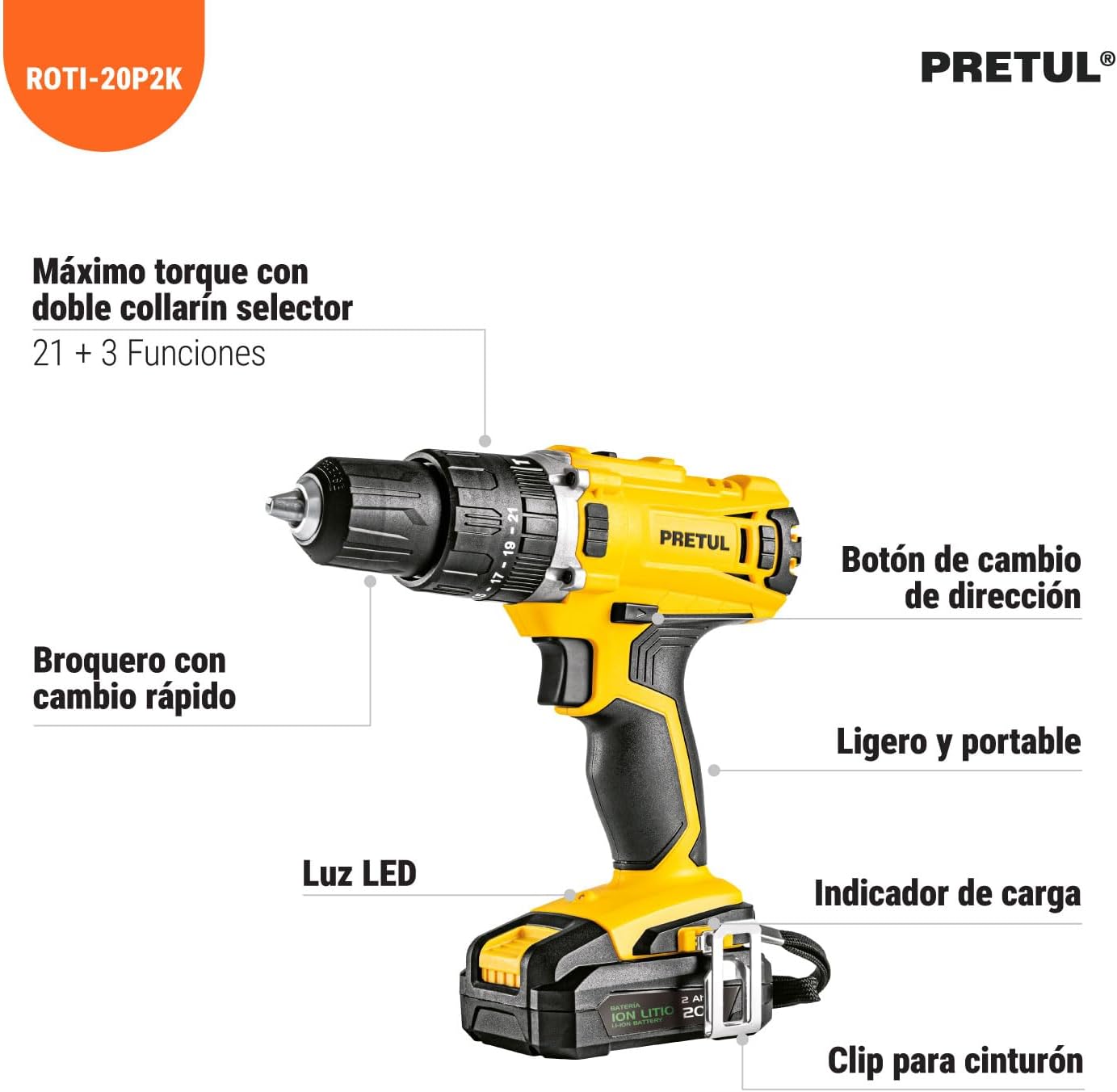 PRETUL ROTI-20P2K, Kit rotomartillo/destornillador 1/2", 20V con 32 accesorios