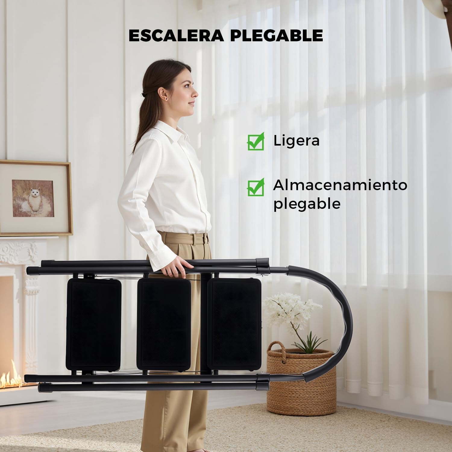 Escalera de Tijera, Escalera Plegable para Casa, 3 Peldaños de 30cm de Ancho, Con Pasamanos Antideslizantes, Diseño de C