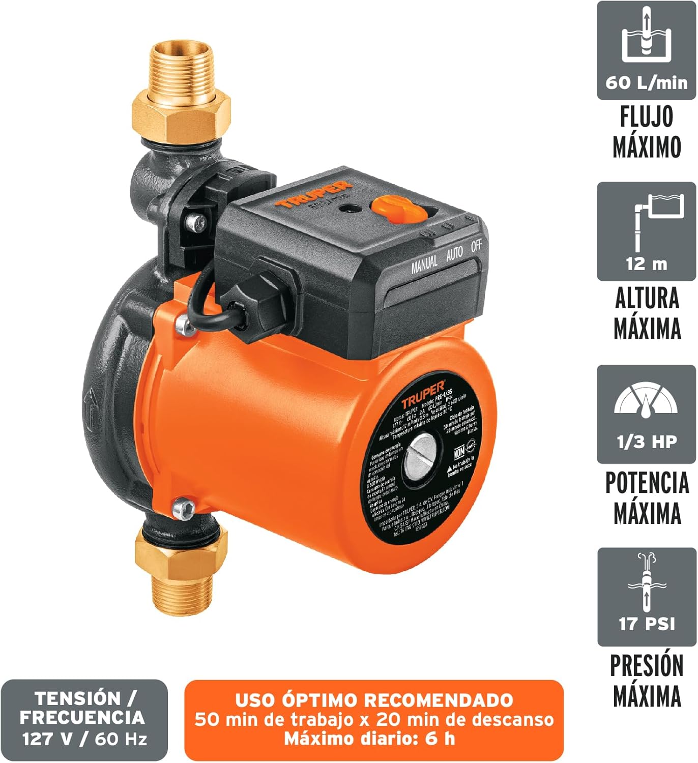 Truper PRE-1/3S, Bomba presurizadora 1/3 HP para 2 servicios