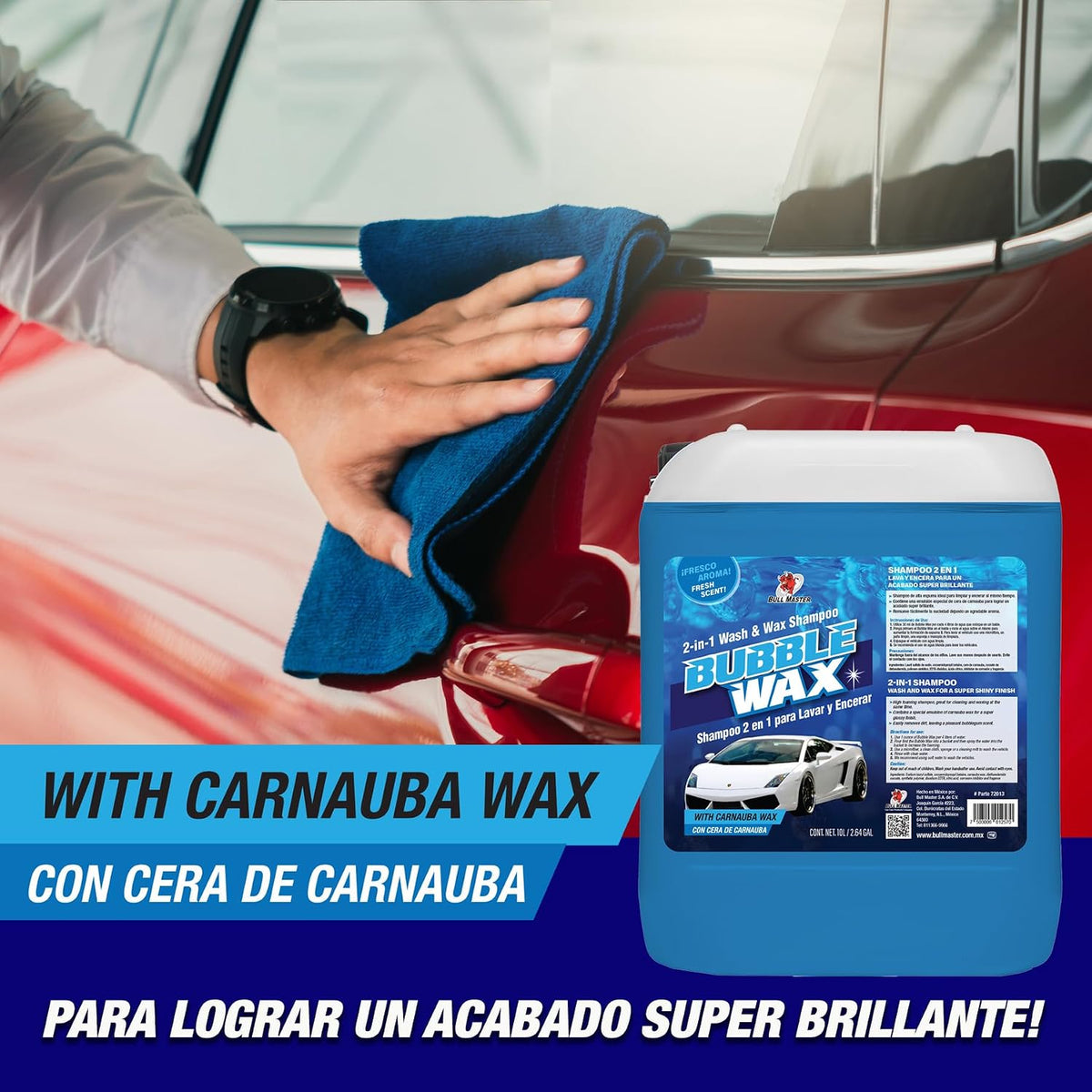 Shampoo Automotriz Abrillantador 2 en 1 para Lavar y Encerar tu auto. 10 LITROS. Con Cera de Carnauba. Detergente de Alt