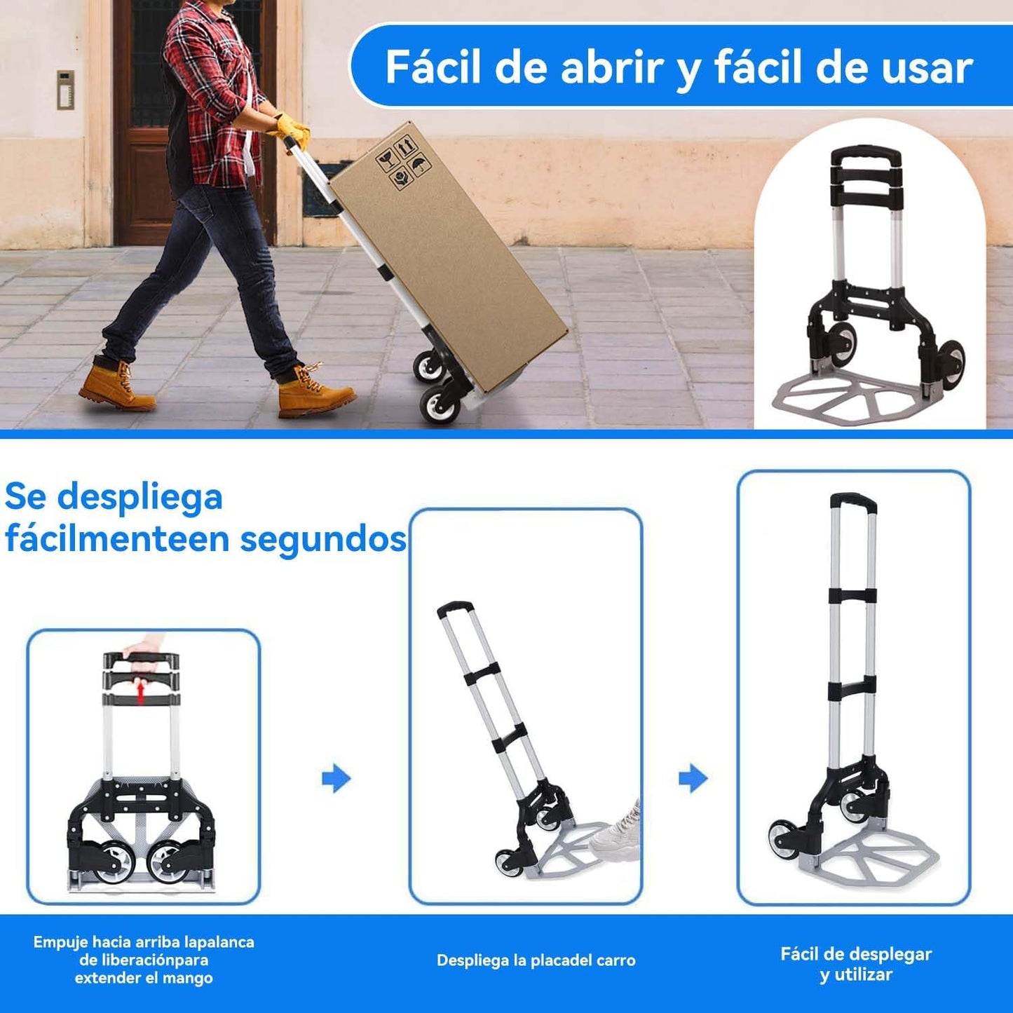 ACOVARK Carro de Mano Plegable, 200 LBS Plegable para Carretilla de Mano,Carro de Compras con Asa Telescópica y Ruedas d