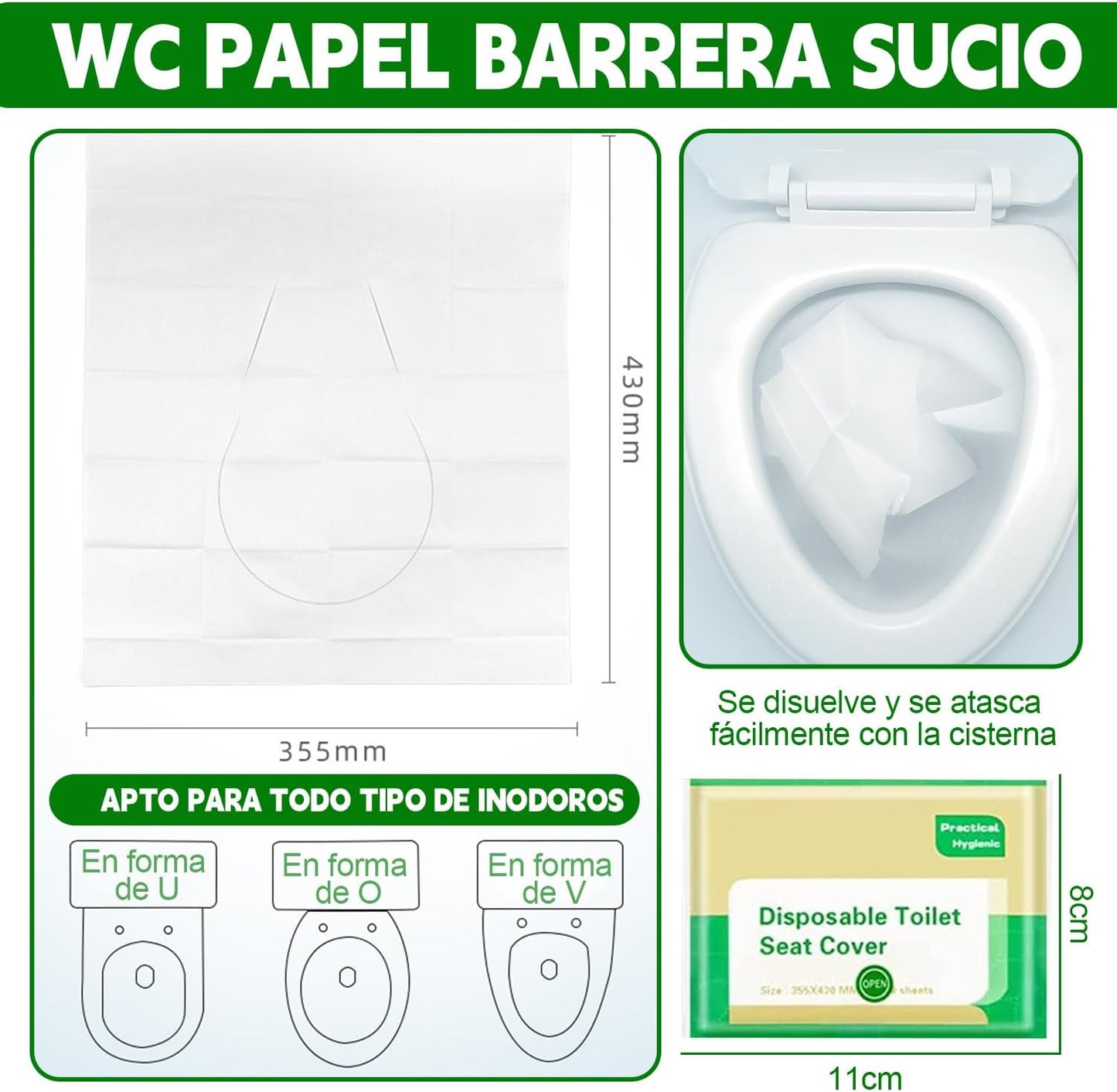 Cubre Asiento Inodoro 100 Piezas, Cubre Asiento Inodoro Desechable de Papel Espeso, Cubre Asiento Inodoro Desechable par