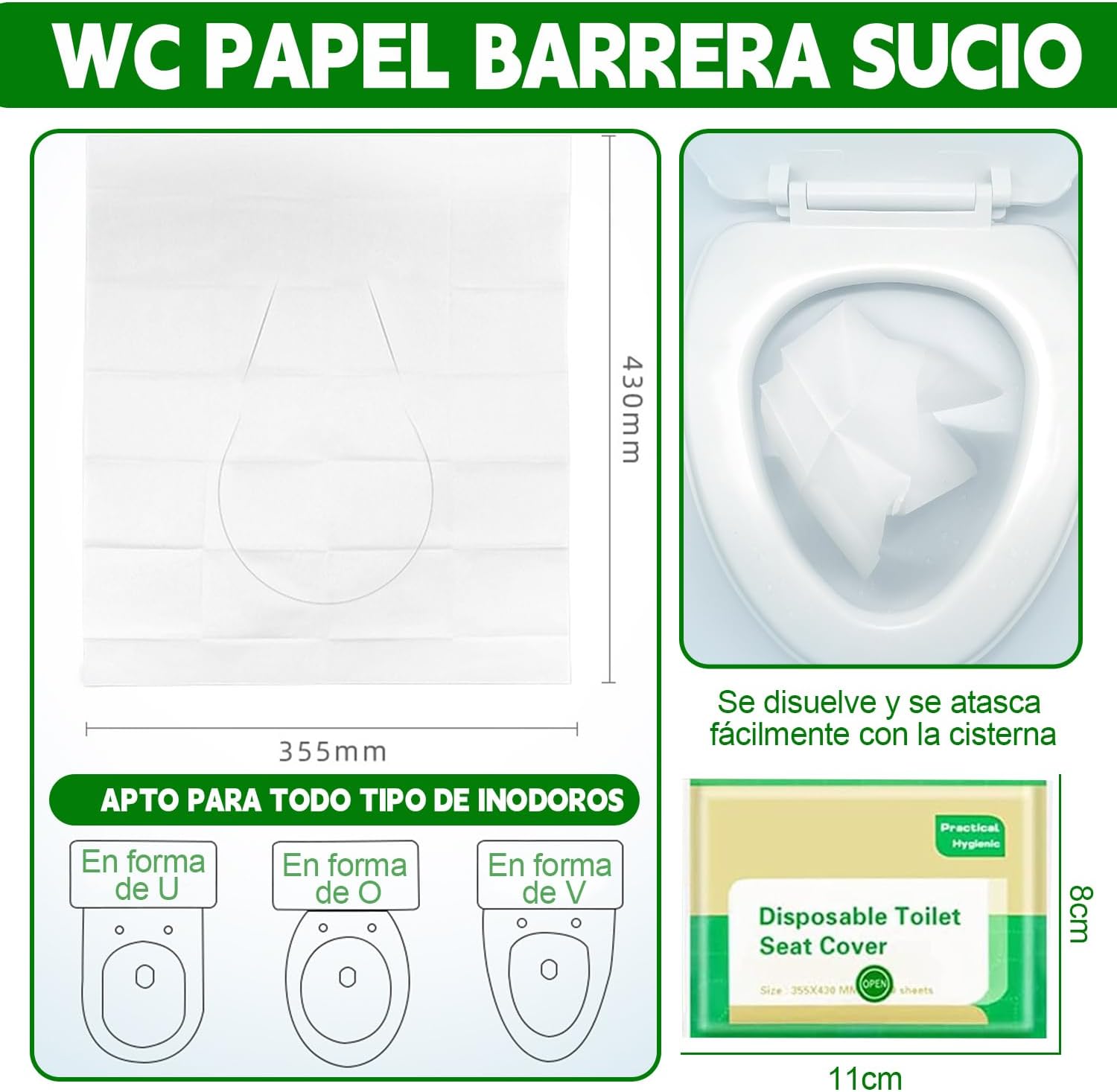 Cubre Asiento Inodoro 100 Piezas, Cubre Asiento Inodoro Desechable de Papel Espeso, Cubre Asiento Inodoro Desechable par