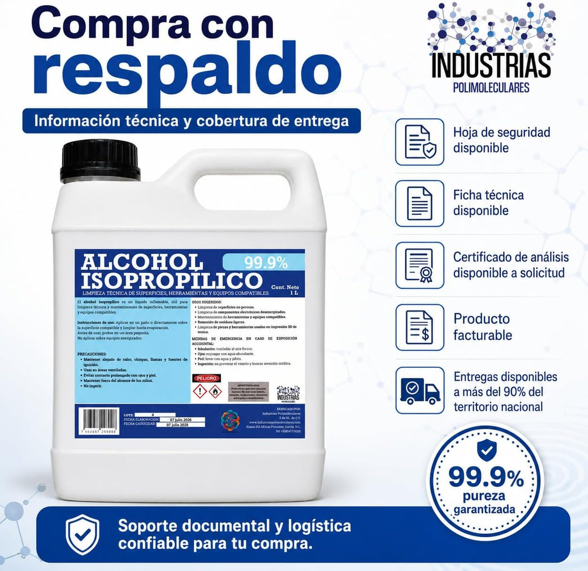 Alcohol Isopropílico 99.9%, 1 Litro, Limpiador para Electrónica, Herramientas e Impresión 3D en Resina