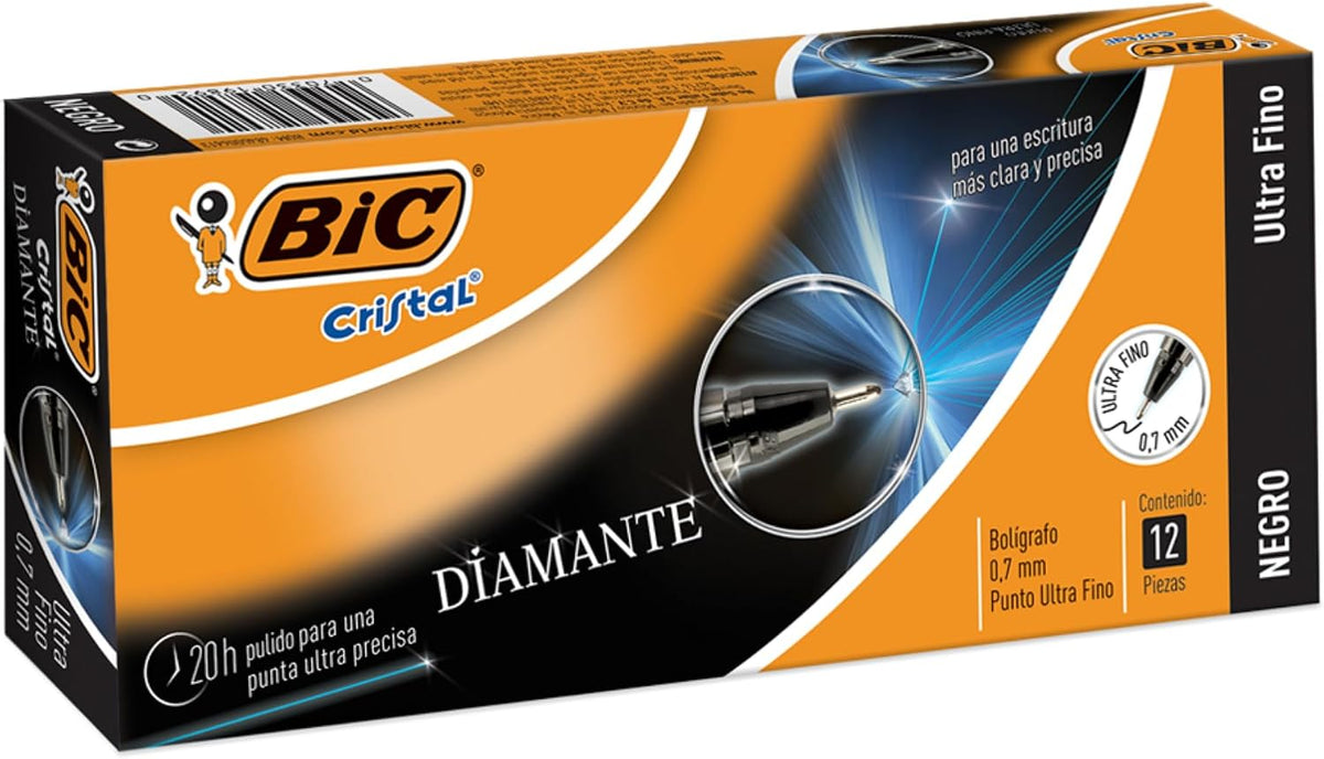 BIC, Bolígrafo de Punto Ultra Fino, Pluma Clásica, Cristal Precisión y Suavidad, Tinta Color Negro, 12 piezas