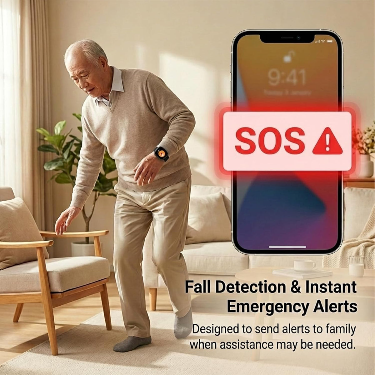 Yihou - Reloj inteligente con detección de caídas para personas mayores, reloj de emergencia con seguimiento GPS SOS, mo