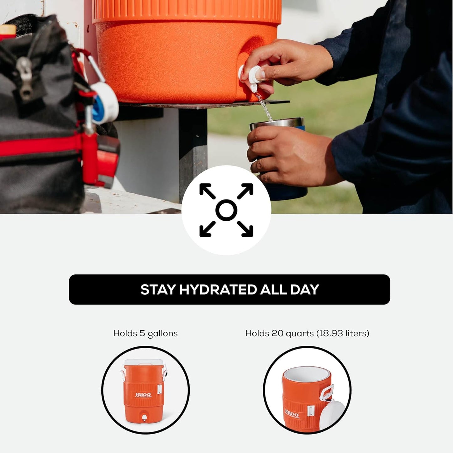 Igloo - Dispensador portátil de agua para bebidas deportivas de 5 galones con tapa plana, naranja brillante