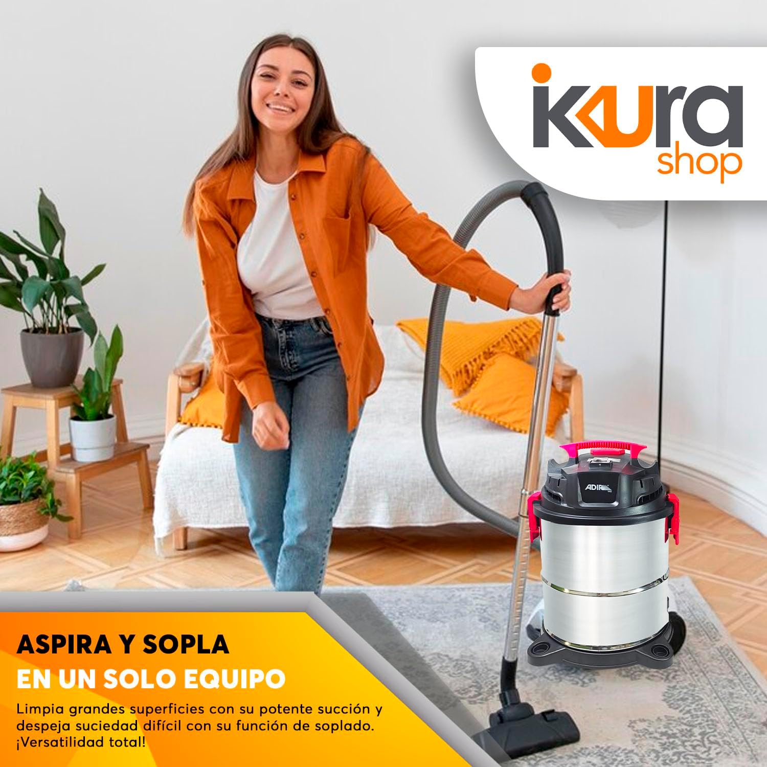 Adir Aspiradora de Sólidos y Líquidos 20 litros Modelo 1951 | Tanque de Acero Inoxidable | Aspiradora Multiusos para Hog