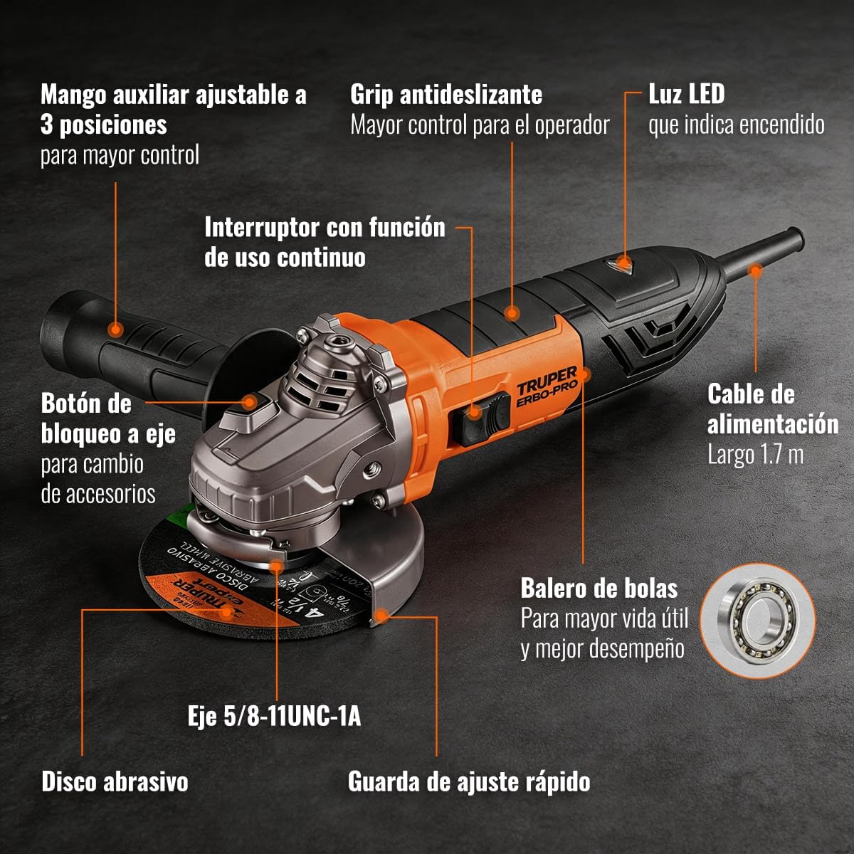 Truper ERGO-4580, Esmeriladora angular 4-1/2" 850 W, ERGO-PRO