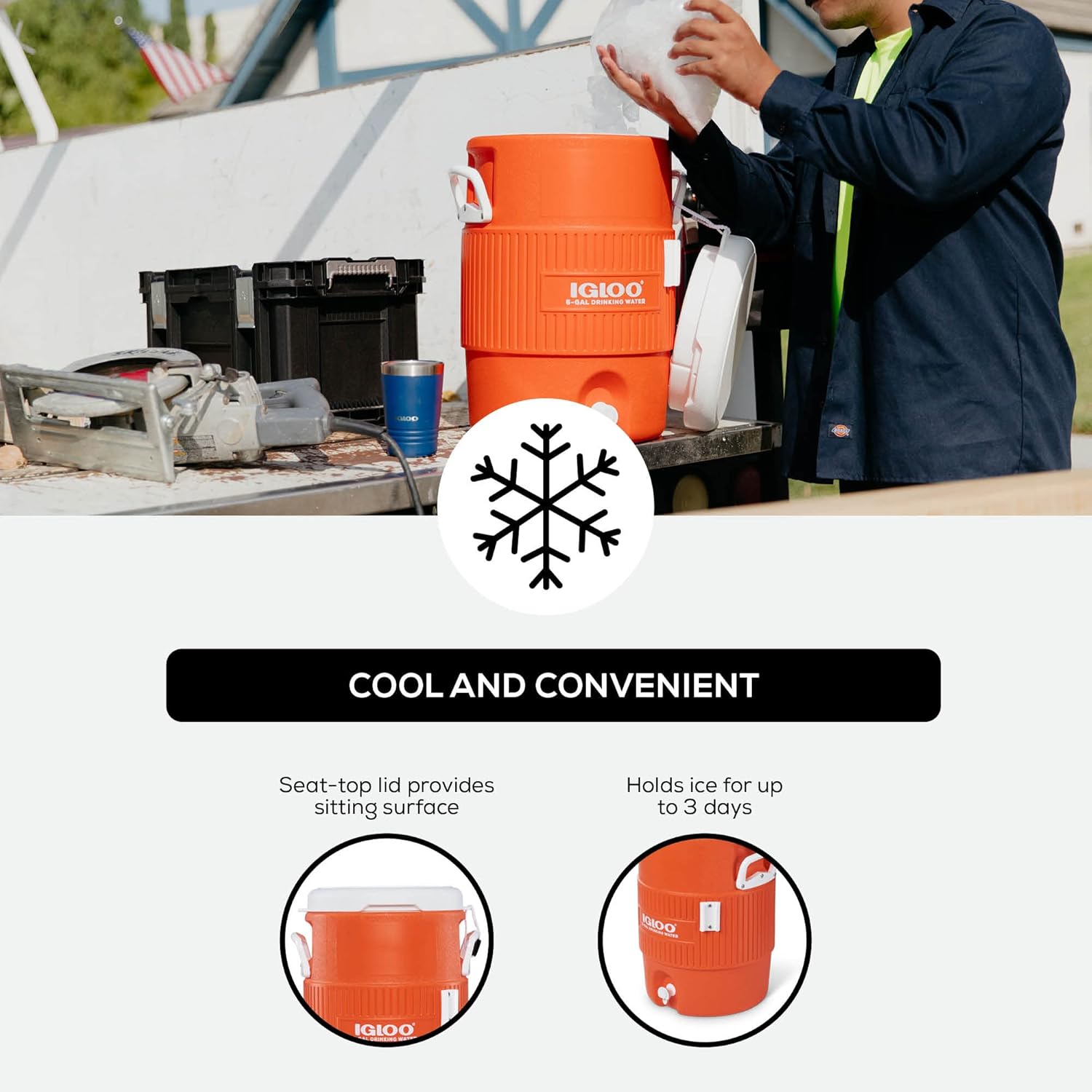 Igloo - Dispensador portátil de agua para bebidas deportivas de 5 galones con tapa plana, naranja brillante
