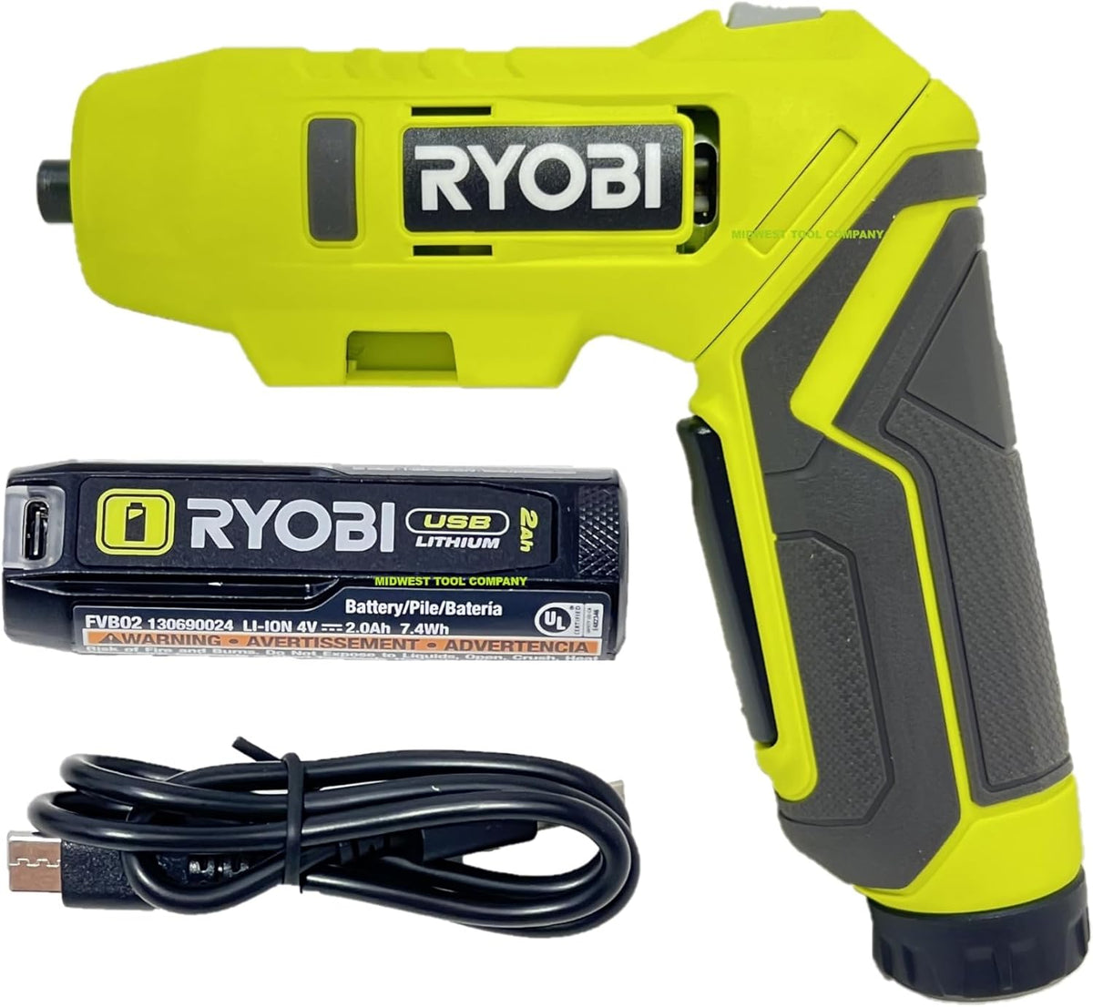 RYOBI - Kit de destornilladores de litio USB con batería de litio de 2.0 AH y cable de carga FVD50K