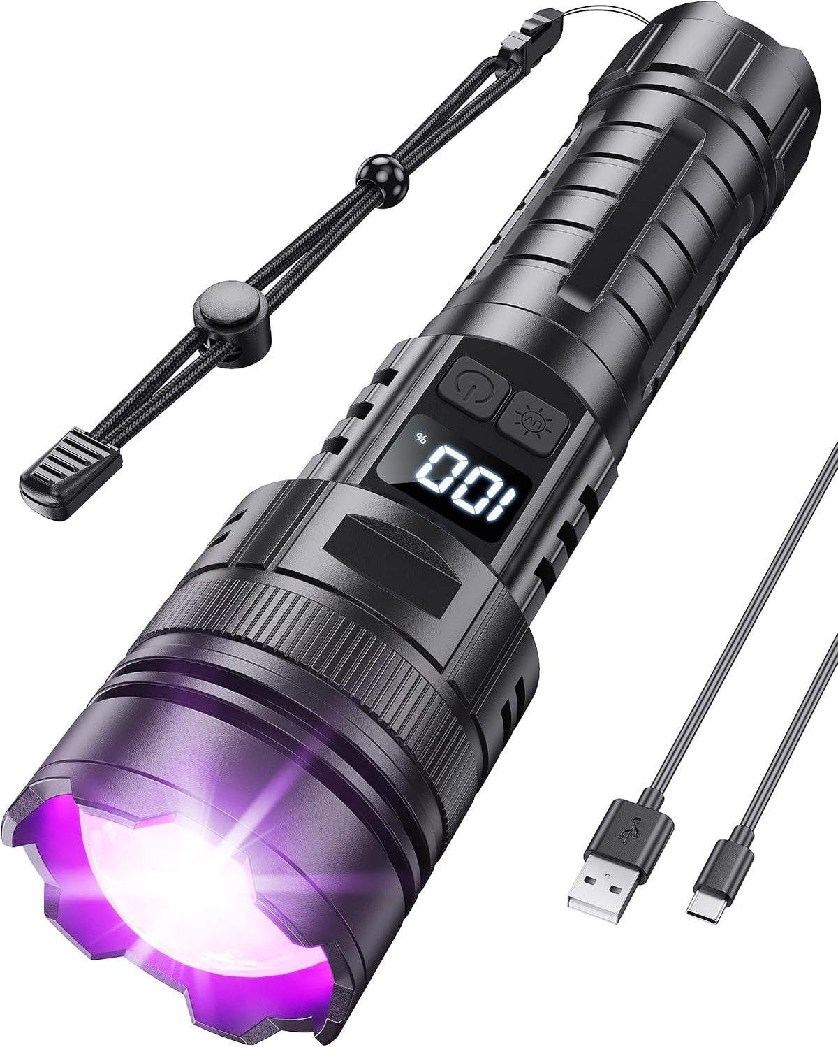 Linterna recargable con luz UV y luz blanca, luz negra de 365 NM y luz blanca de alto lúmen con pantalla LCD, 6 modos zo