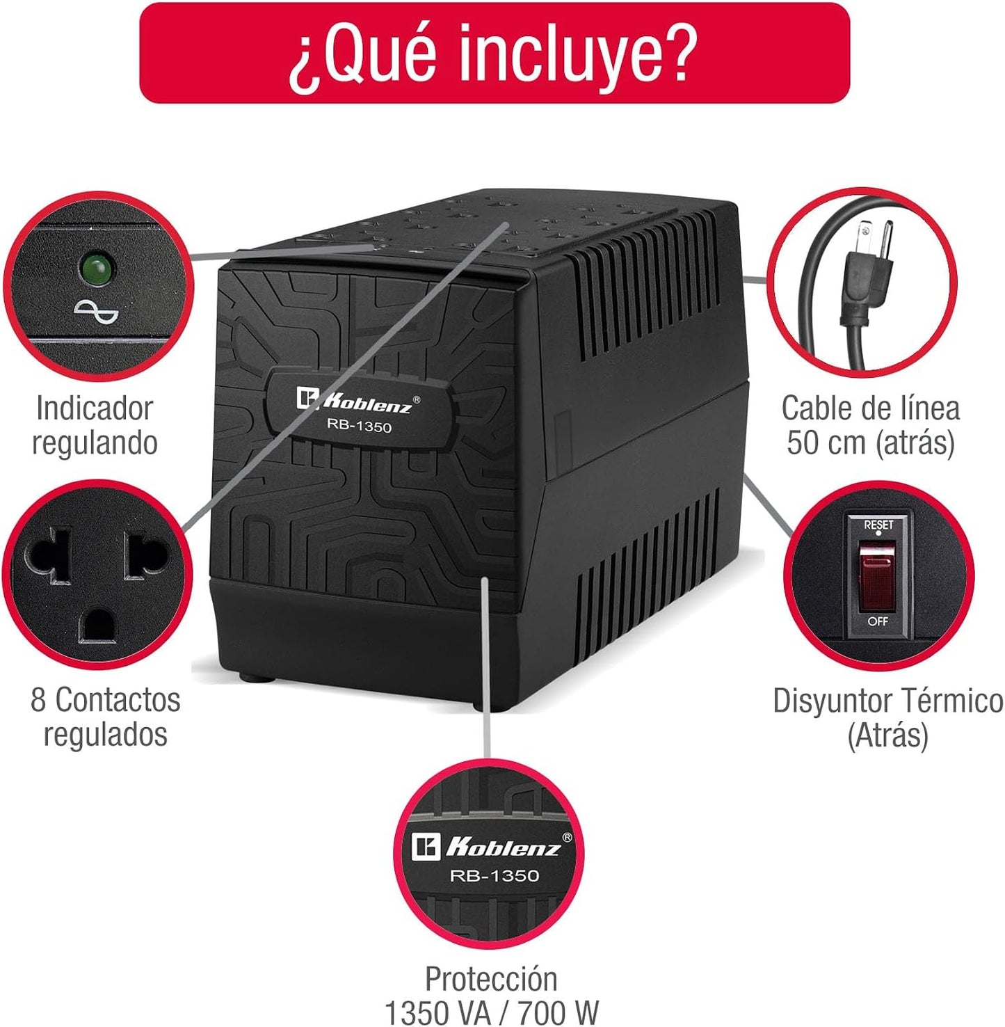 Koblenz Regulador Electrónico de Voltaje de 1350 VA / 700 W con 8 Contactos Regulados, con Luz LED, Supresor de Picos, I
