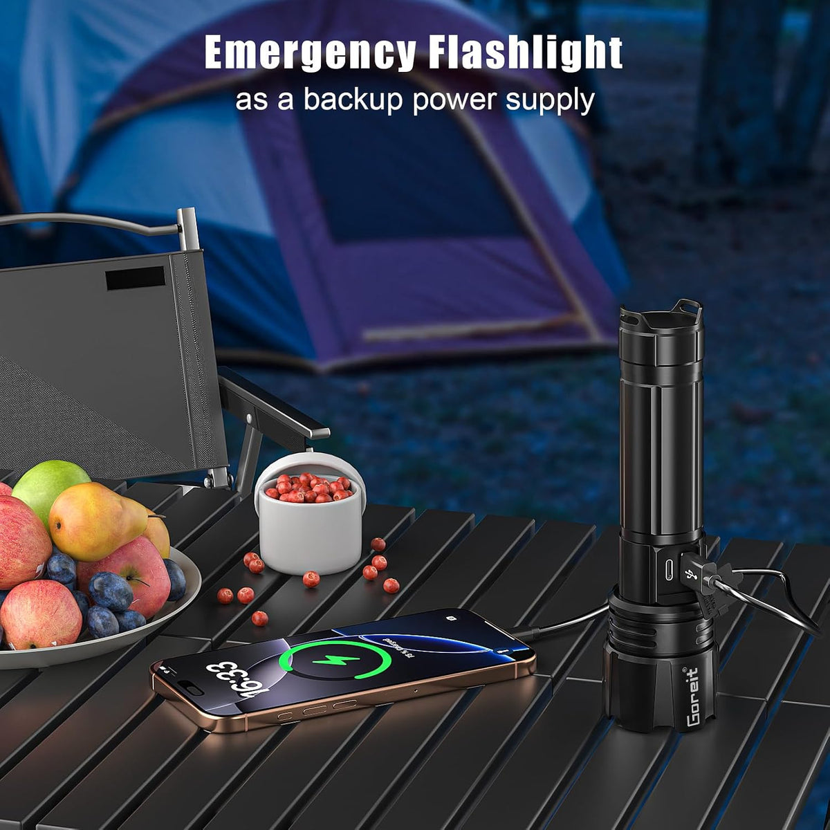 Goreit - Linterna de alta luminosidad recargable, 950000 lúmenes, linterna LED XHP70, 2 USB, superbrillante con pilas, p
