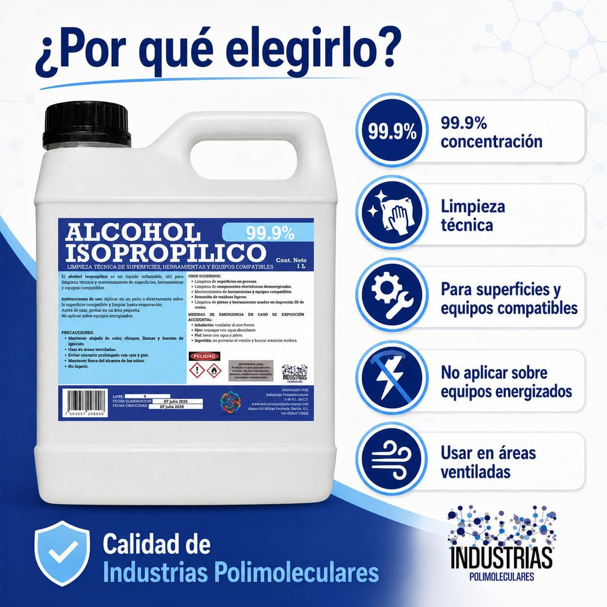 Alcohol Isopropílico 99.9%, 1 Litro, Limpiador para Electrónica, Herramientas e Impresión 3D en Resina