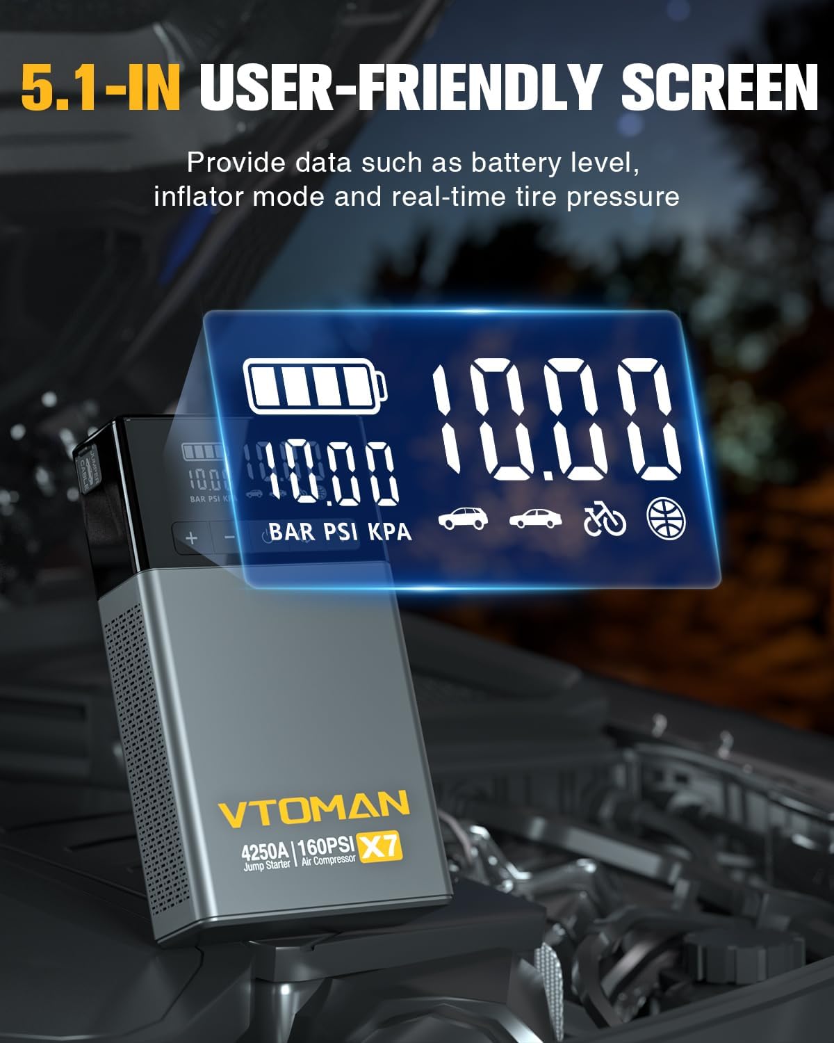 VTOMAN X7 arrancador con compresor de aire, 4250A & 160PSI para camionetas pickup y SUV, batería para auto, portátil (10
