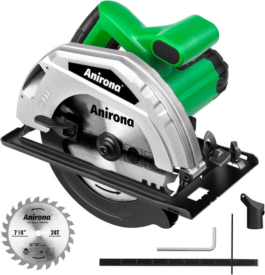 Anirona Sierra Circular Eléctrica 1600W, 7-1/4" Cierra Circular con Profundidad de Corte Ajustable de 2-9/16” (90°) a 1-