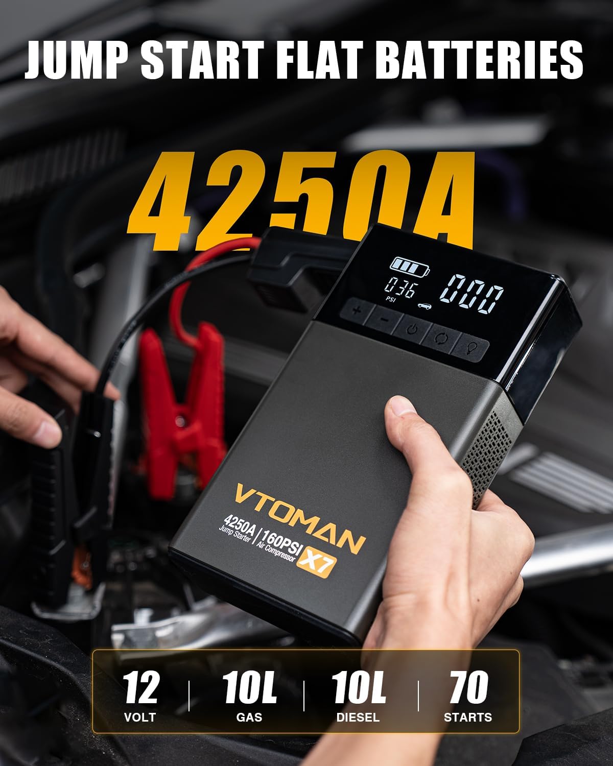 VTOMAN X7 arrancador con compresor de aire, 4250A & 160PSI para camionetas pickup y SUV, batería para auto, portátil (10
