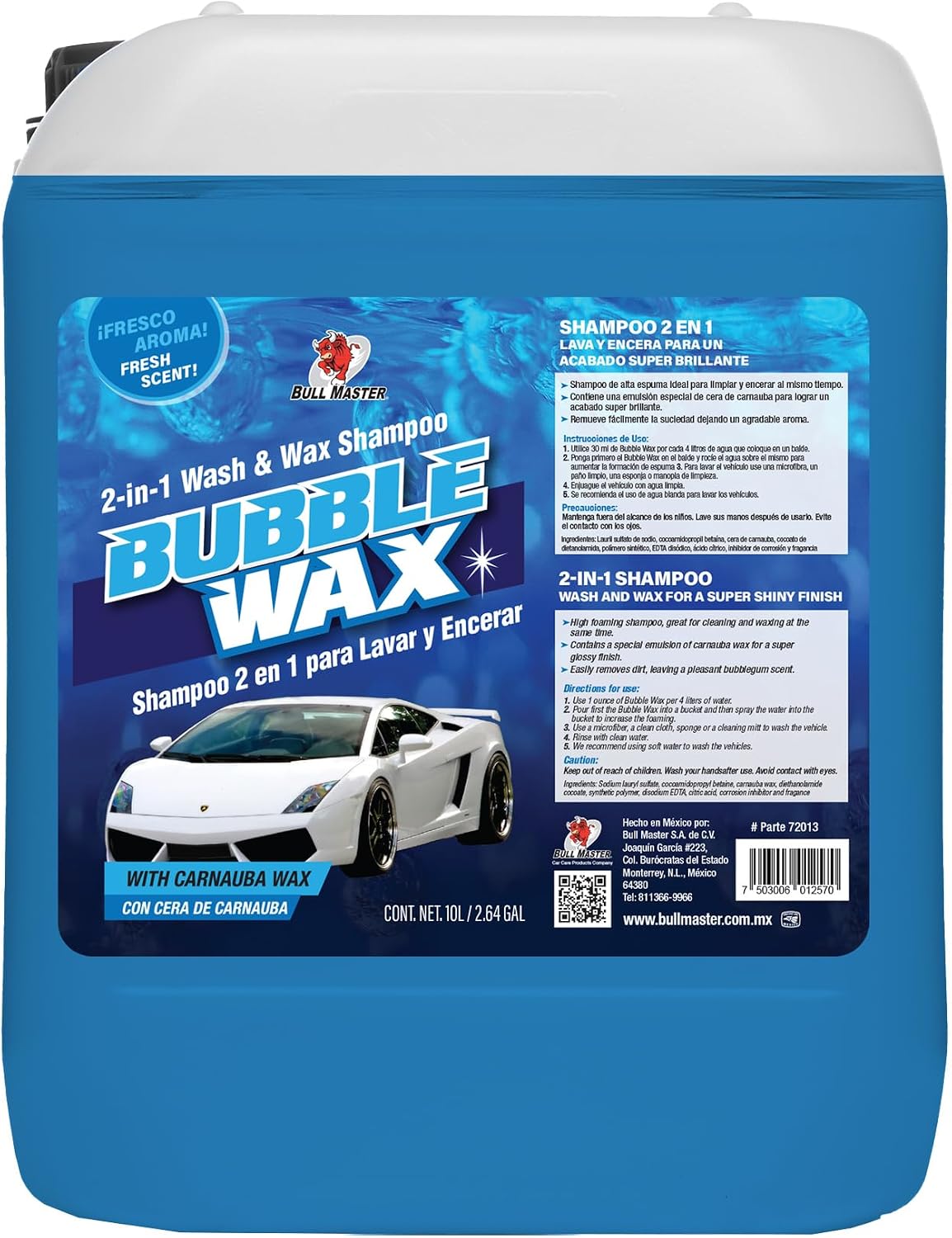 Shampoo Automotriz Abrillantador 2 en 1 para Lavar y Encerar tu auto. 10 LITROS. Con Cera de Carnauba. Detergente de Alt
