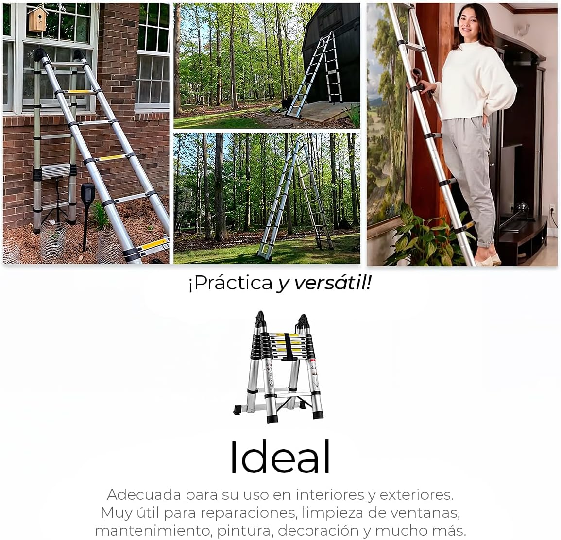 Raganet, Escalera Telescópica Plegable, Escalera de Tijera Altura Ajustable con Escalones, Aluminio Reforzado y Duradero